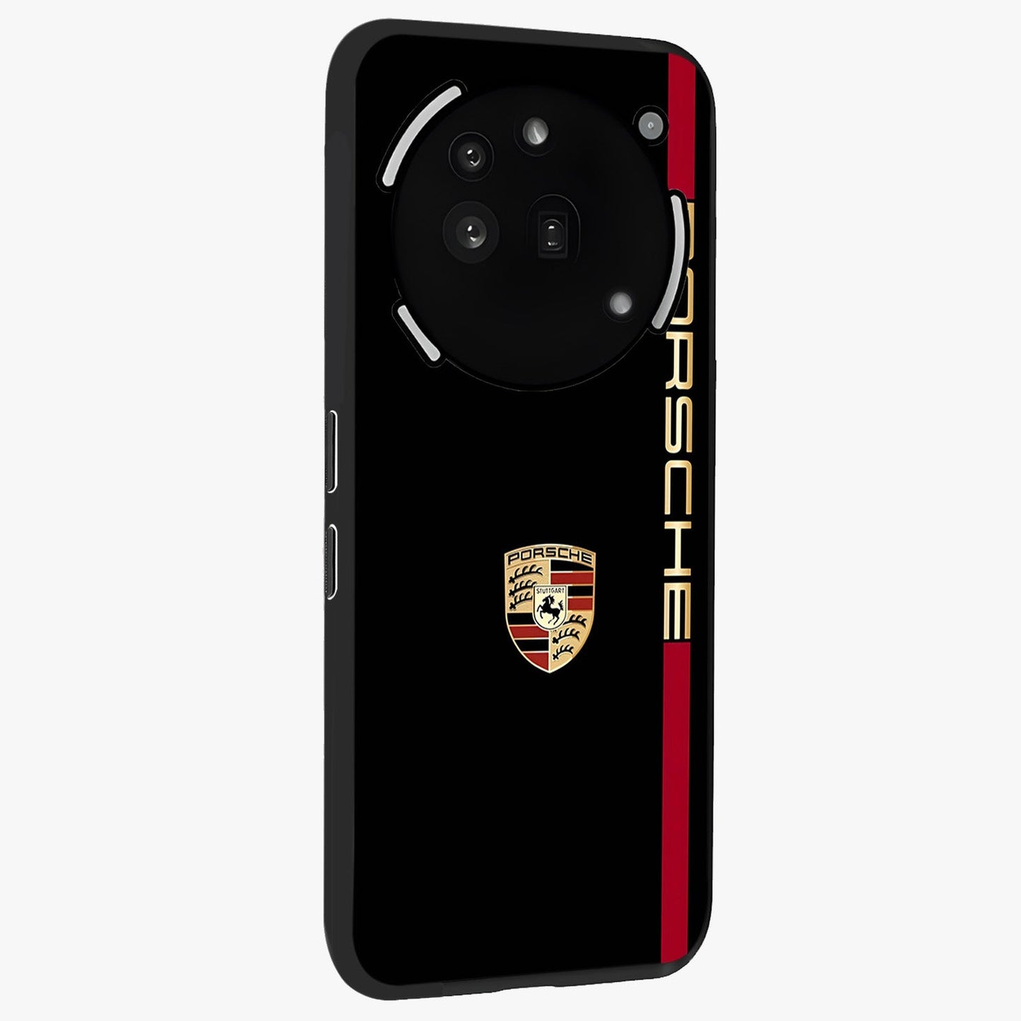 Black Minimal Porsche Glass Case upright view showcasing stylish automotive artwork with bold minimal theme.