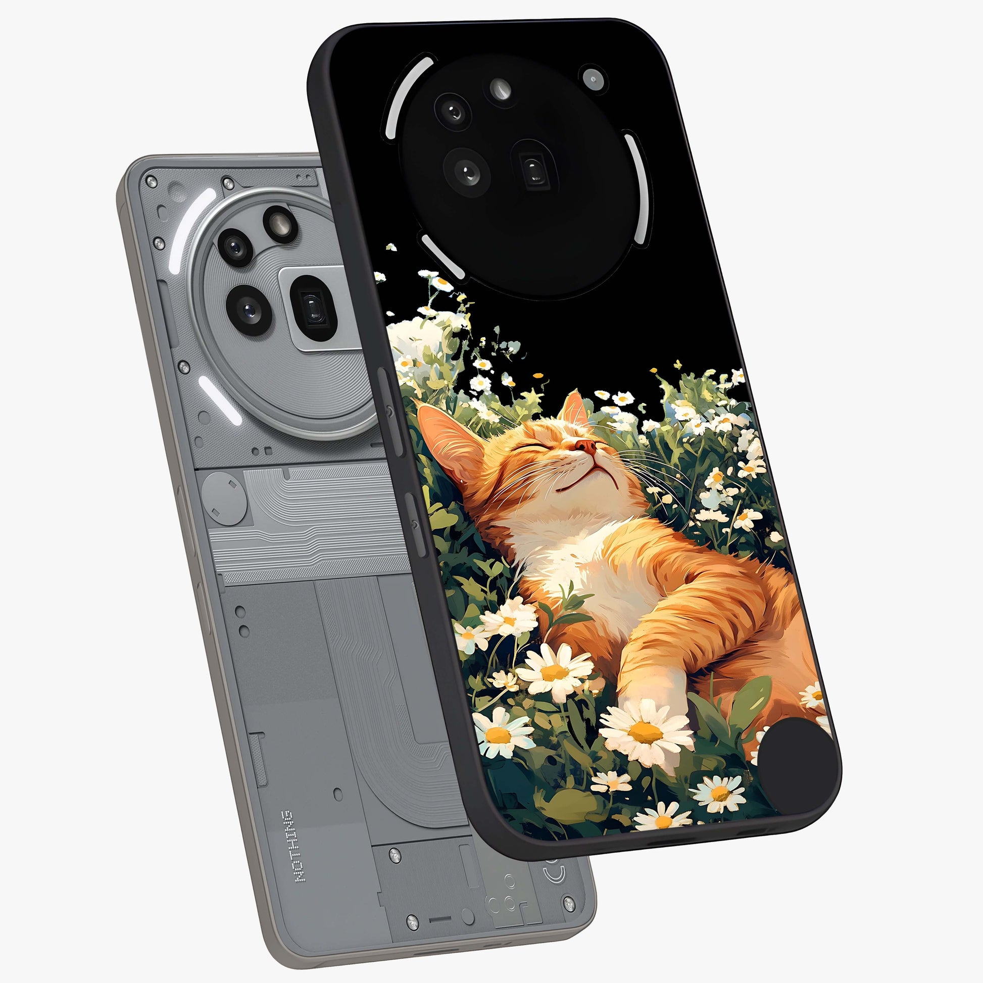 Blissful Bloom Cat Glass Case displayed in angled mockup highlighting playful feline illustration with soft floral aesthetic.