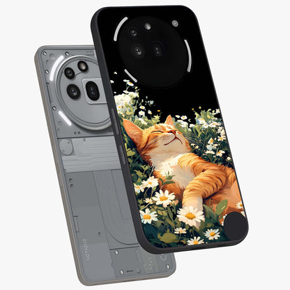 Blissful Bloom Cat Glass Case displayed in angled mockup highlighting playful feline illustration with soft floral aesthetic.