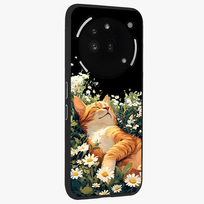 Blissful Bloom Cat Glass Case upright view showcasing charming cat design surrounded by blooming floral elements.