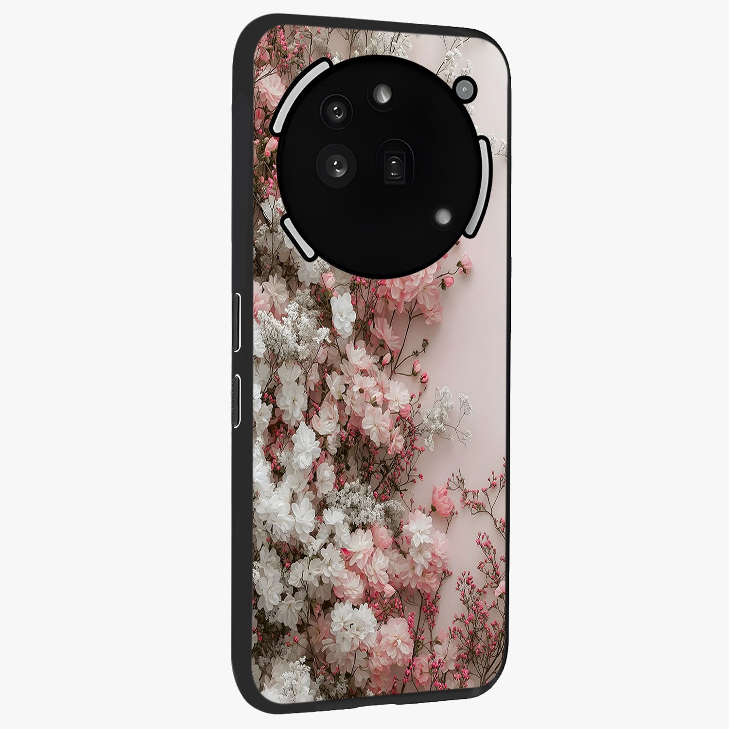 Blush Blossom Cloud Glass Case upright view showcasing calm floral cloud artwork with gentle dreamy theme.