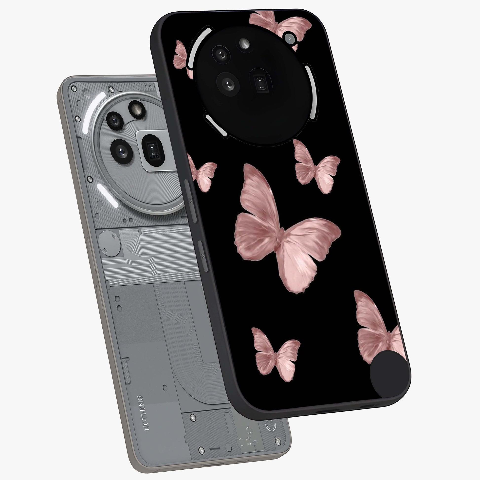 Butterfly Pattern Glass Case displayed in angled mockup highlighting delicate butterfly design and aesthetic pattern style.