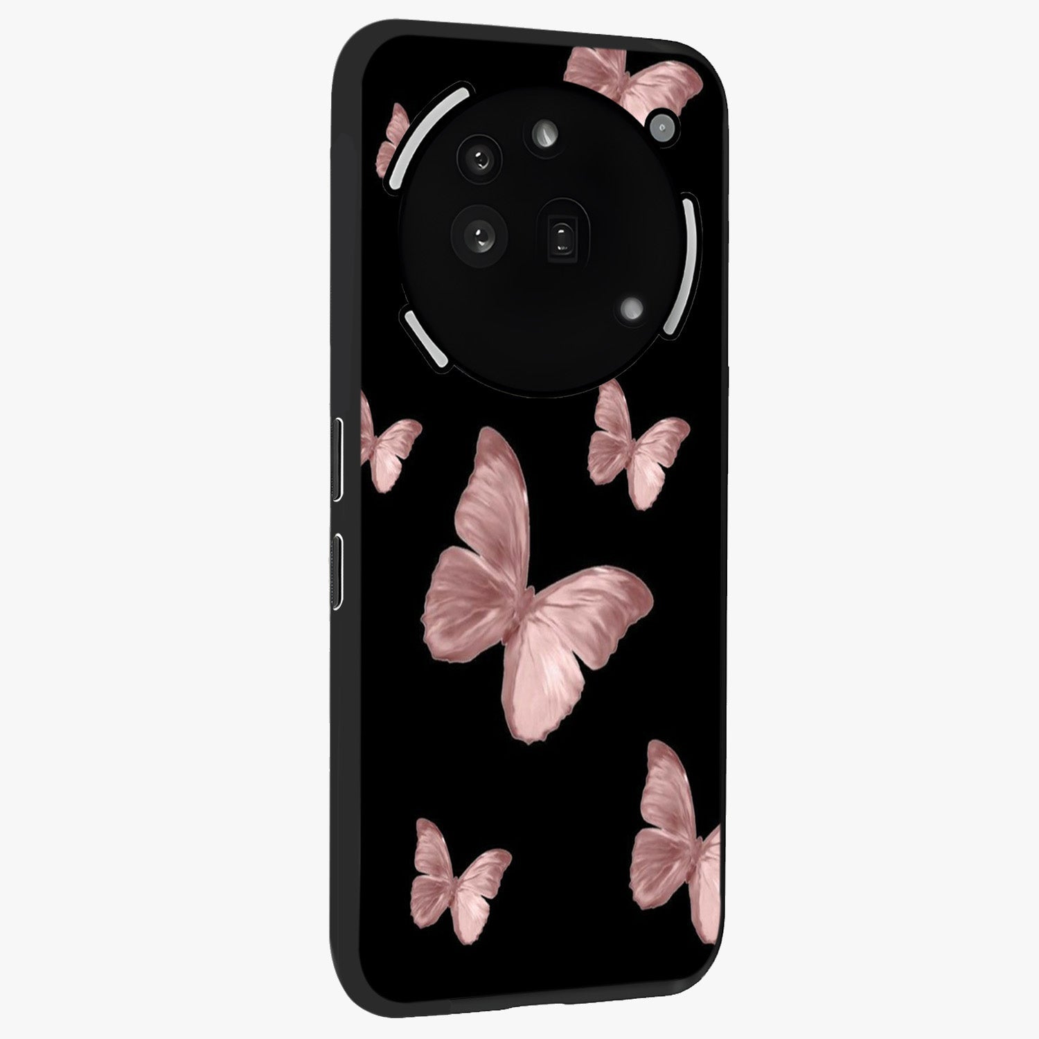 Butterfly Pattern Glass Case upright view showcasing graceful butterfly artwork with soft decorative theme.