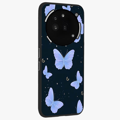Butterfly With Stars Pattern Glass Case upright view showcasing celestial butterfly artwork with sparkling star elements.