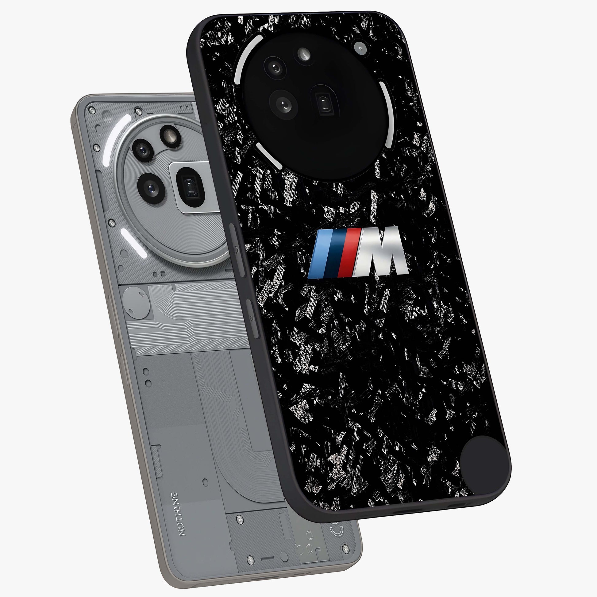 Carbon Speed Mark Glass Case displayed in angled mockup highlighting racing inspired carbon design and sleek aesthetic style.