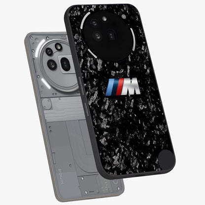 Carbon Speed Mark Glass Case displayed in angled mockup highlighting racing inspired carbon design and sleek aesthetic style.