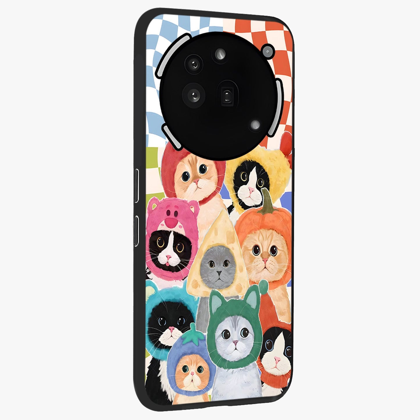 Cats in Fruits Glass Case upright view showcasing charming cat artwork with fun fruity theme.