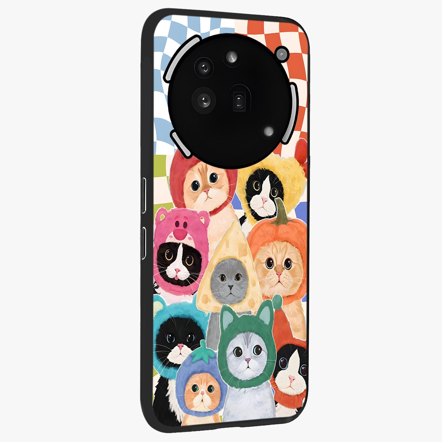 Cats in Fruits Glass Case upright view showcasing charming cat artwork with fun fruity theme.