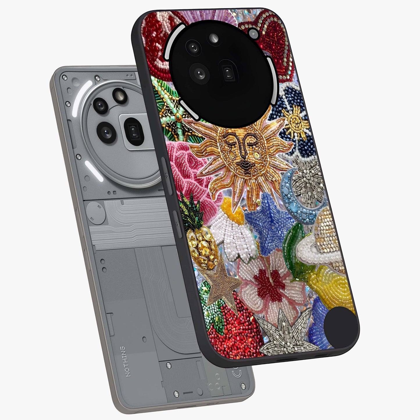 Celestial Floral and Playful Glass Case displayed in angled mockup highlighting playful floral design with dreamy celestial elements.