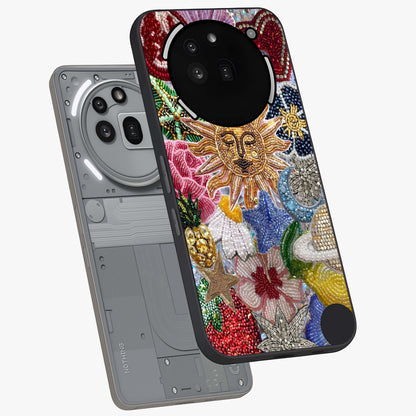 Celestial Floral and Playful Glass Case displayed in angled mockup highlighting playful floral design with dreamy celestial elements.