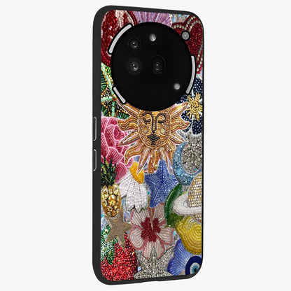 Celestial Floral and Playful Glass Case upright view showcasing whimsical floral artwork with cosmic aesthetic theme.