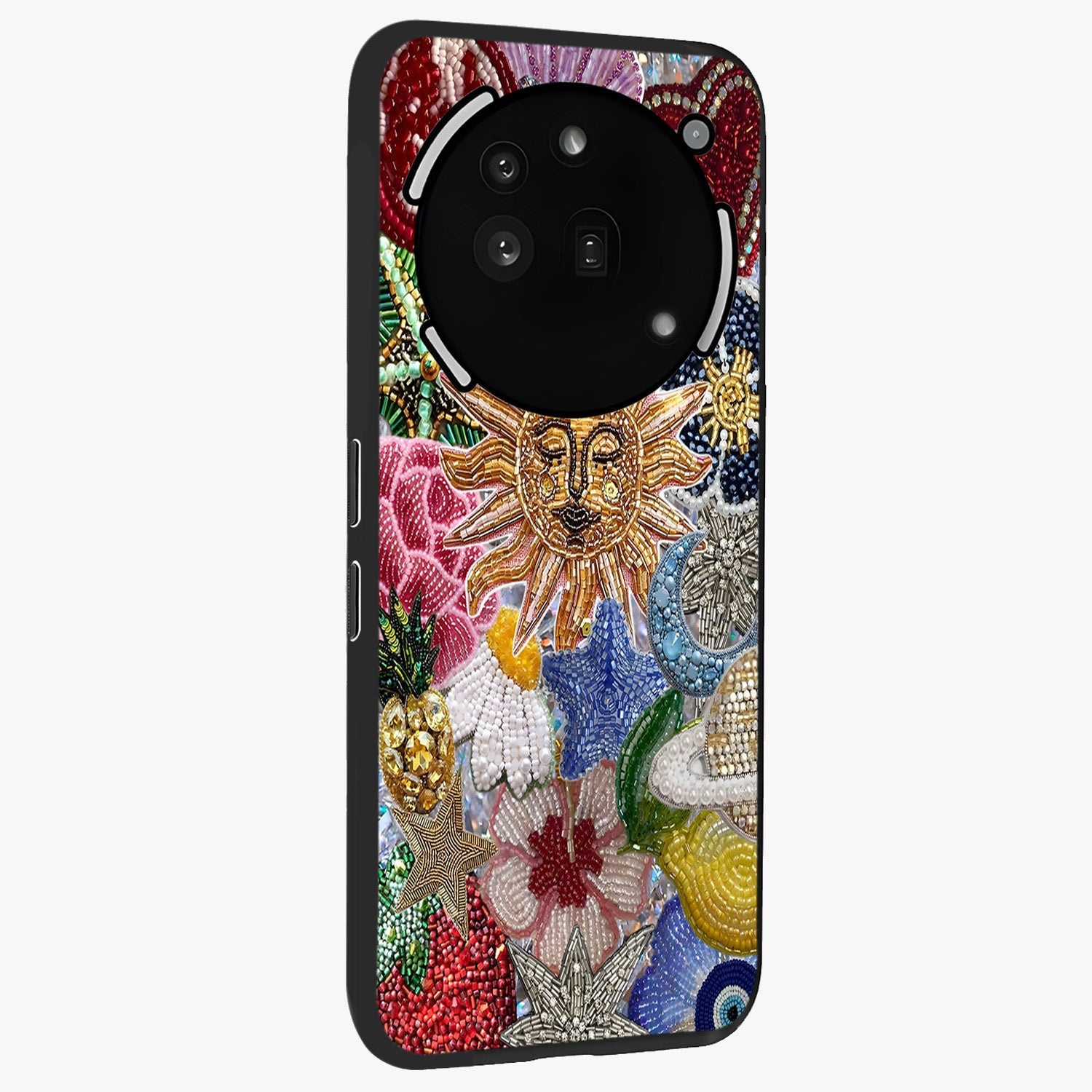Celestial Floral and Playful Glass Case upright view showcasing whimsical floral artwork with cosmic aesthetic theme.