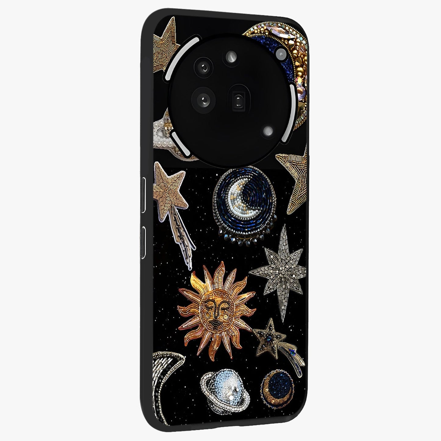 Celestial Gem Constellations Glass Case upright view showcasing cosmic constellation artwork with celestial aesthetic style.