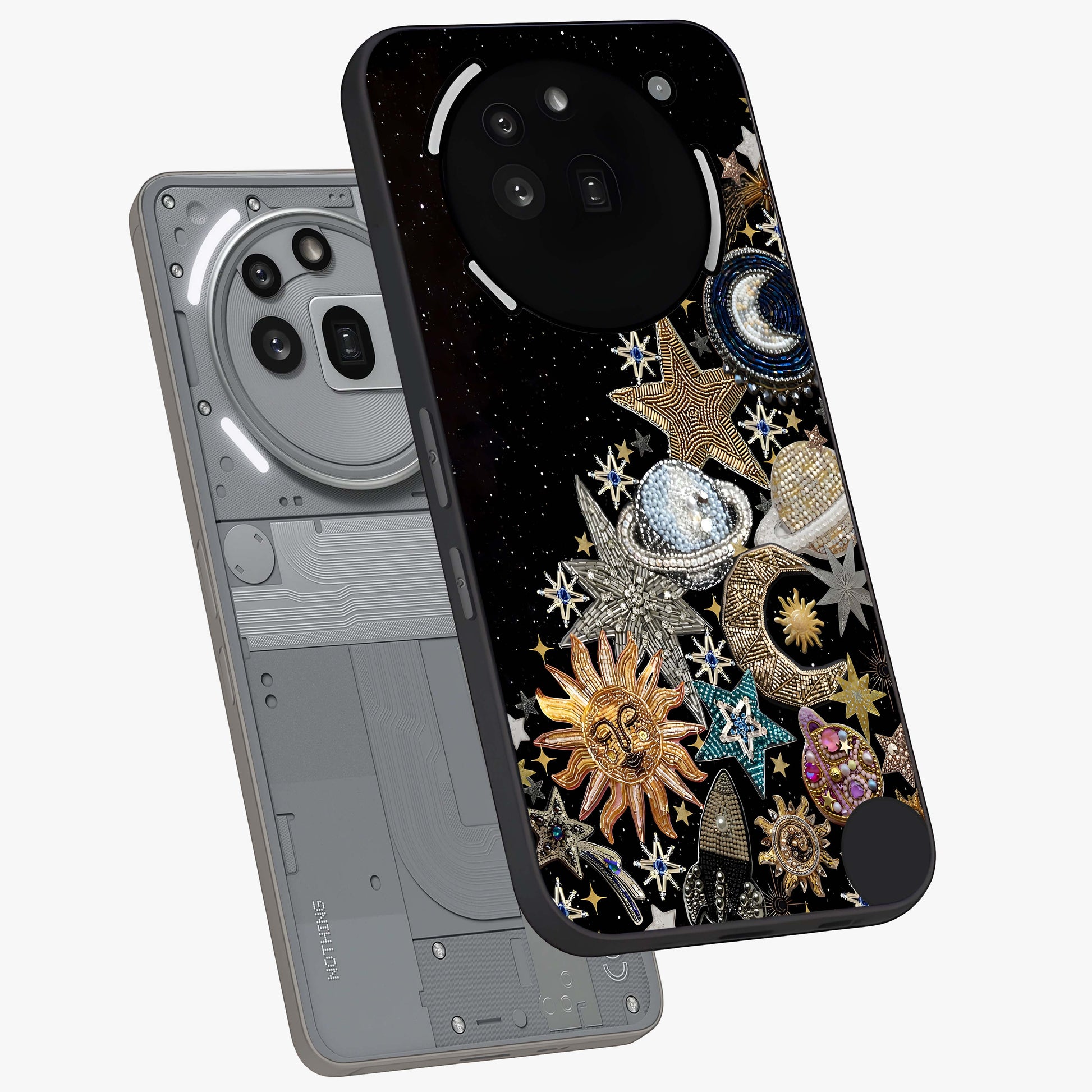 Cosmic Sparkle Dreams Glass Case displayed in angled mockup highlighting dreamy star sparkle design with celestial aesthetic.