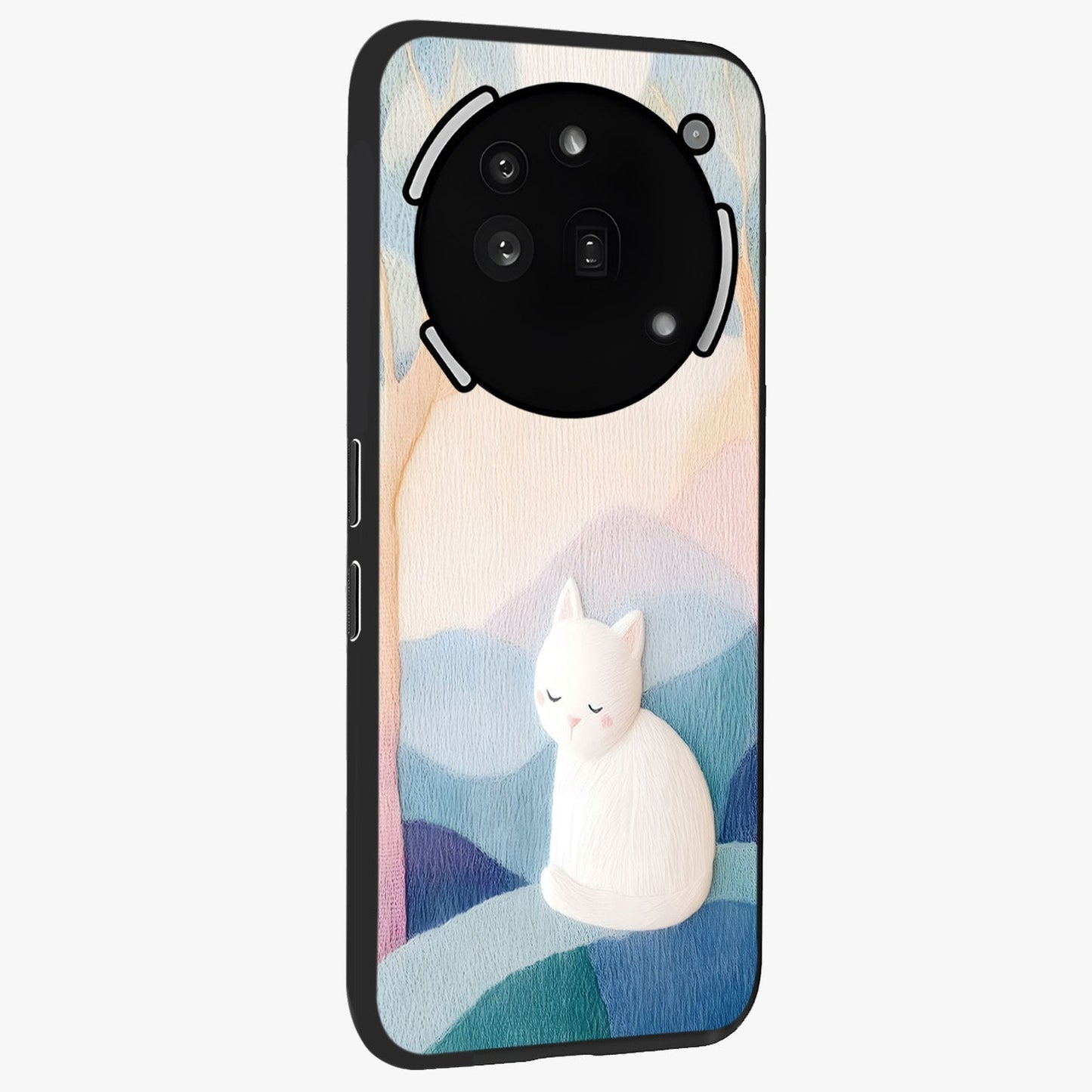 Cotton Dream Cat Glass Case upright view showcasing charming cat artwork with cozy dreamy theme.