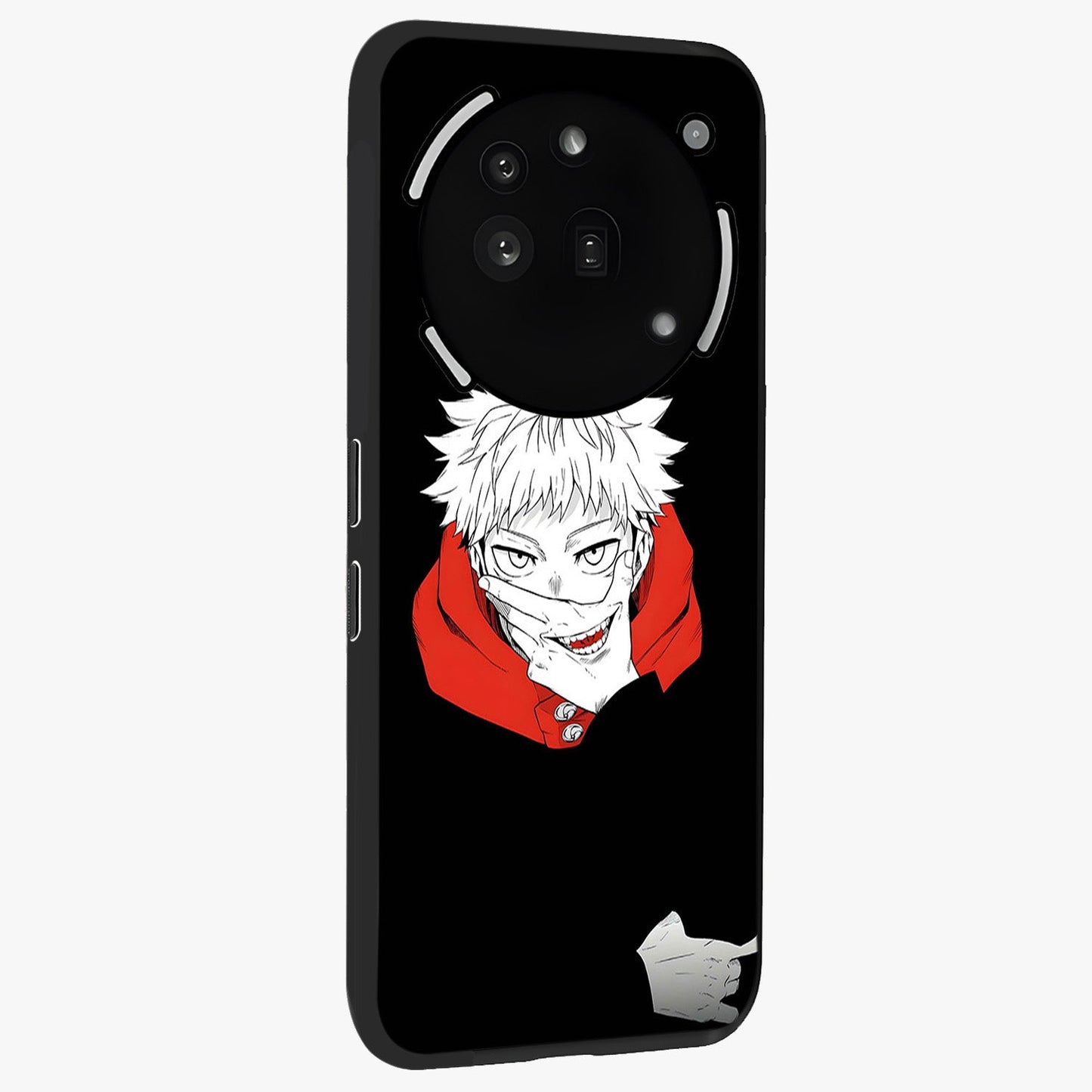 Crimson Chaos Smile Glass Case upright view showcasing expressive chaotic artwork with striking visual theme.