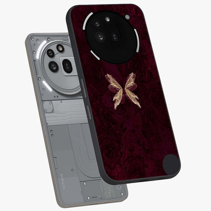 Crimson Fade Butterfly Glass Case displayed in angled mockup highlighting elegant butterfly design with crimson gradient aesthetic.