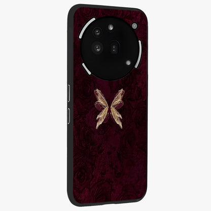 Crimson Fade Butterfly Glass Case upright view showcasing graceful butterfly artwork with soft crimson fade effect.