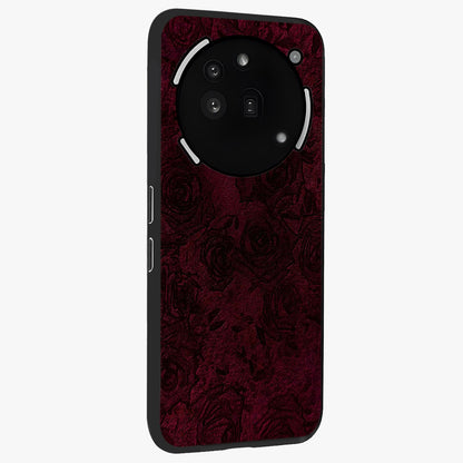 Crimson Fade Flow Glass Case upright view showcasing dynamic crimson flow artwork with stylish abstract theme.
