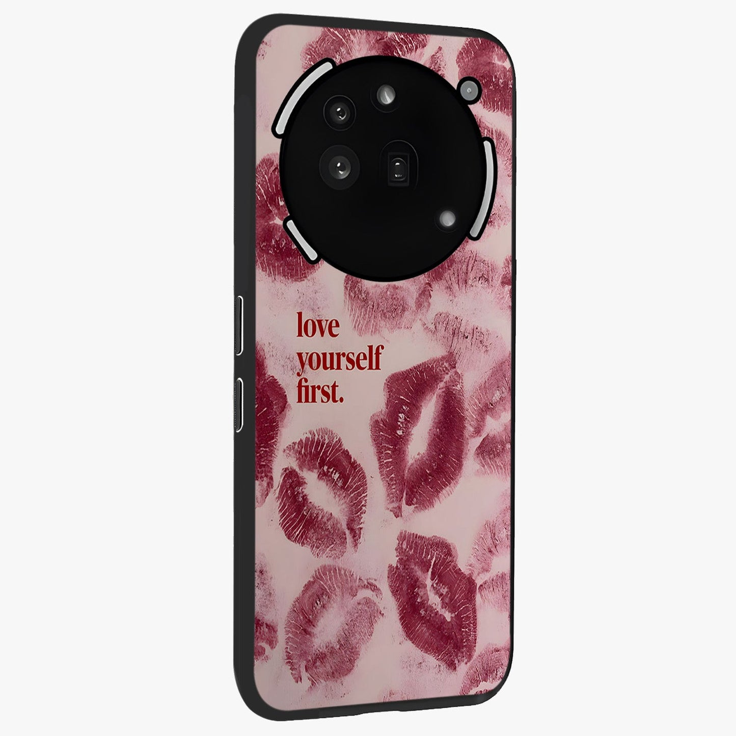 Crimson Kiss Love Glass Case upright view showcasing expressive romantic artwork with deep crimson theme.