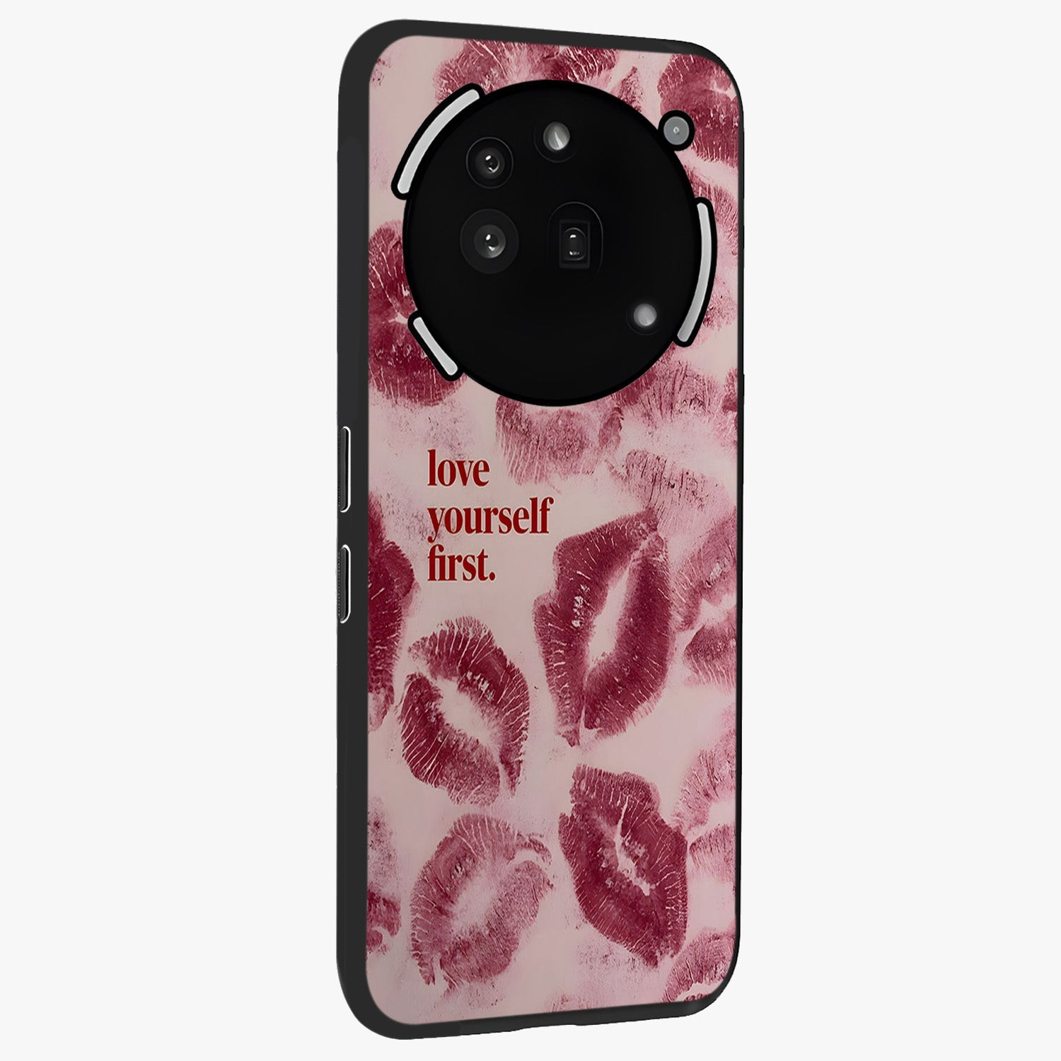 Crimson Kiss Love Glass Case upright view showcasing expressive romantic artwork with deep crimson theme.