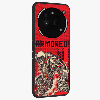 Crimson Mecha Titan Glass Case upright view showcasing dynamic robotic titan design with sci-fi inspired theme.