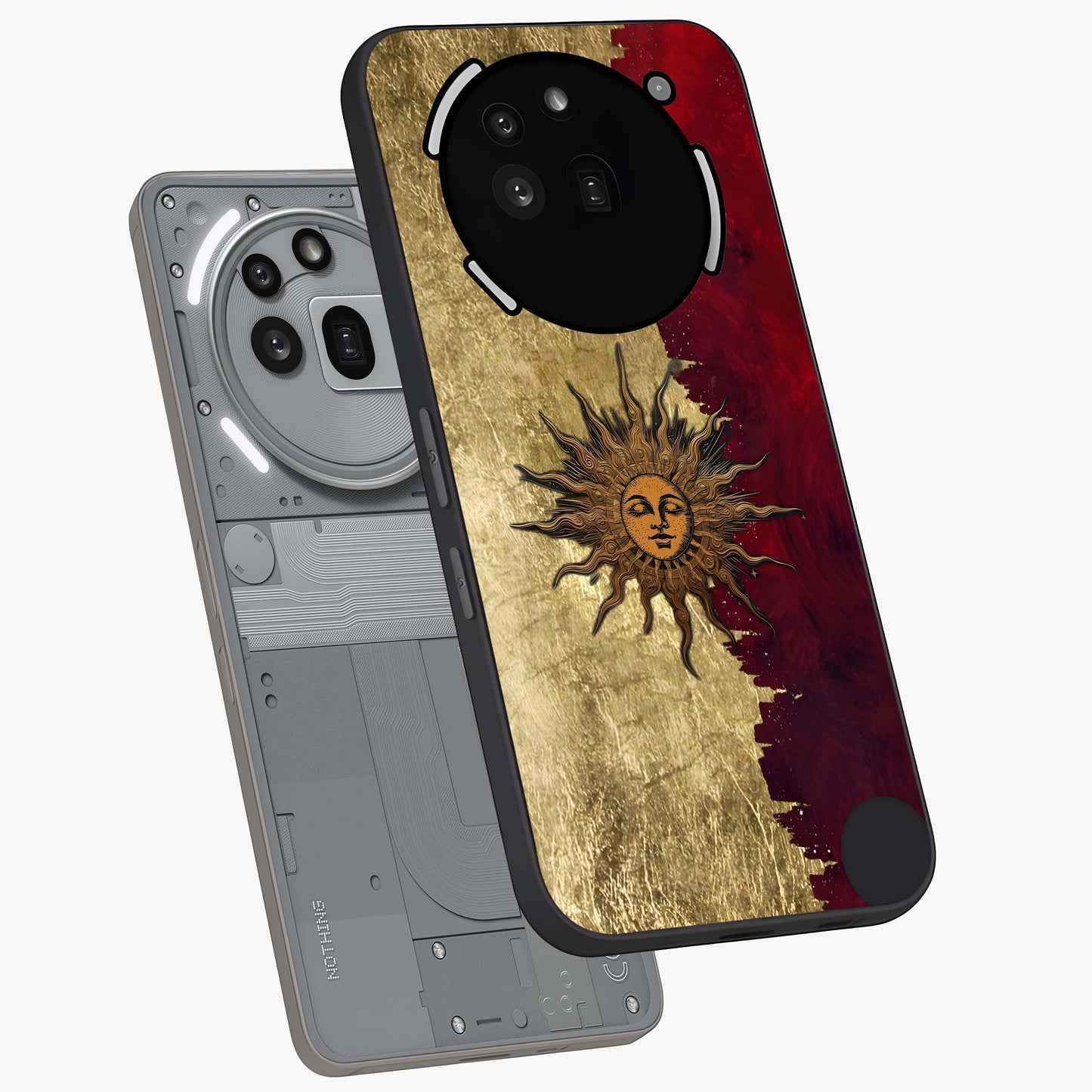 Crimson Sun Majesty Glass Case displayed in angled mockup highlighting majestic crimson sun design with bold aesthetic style.