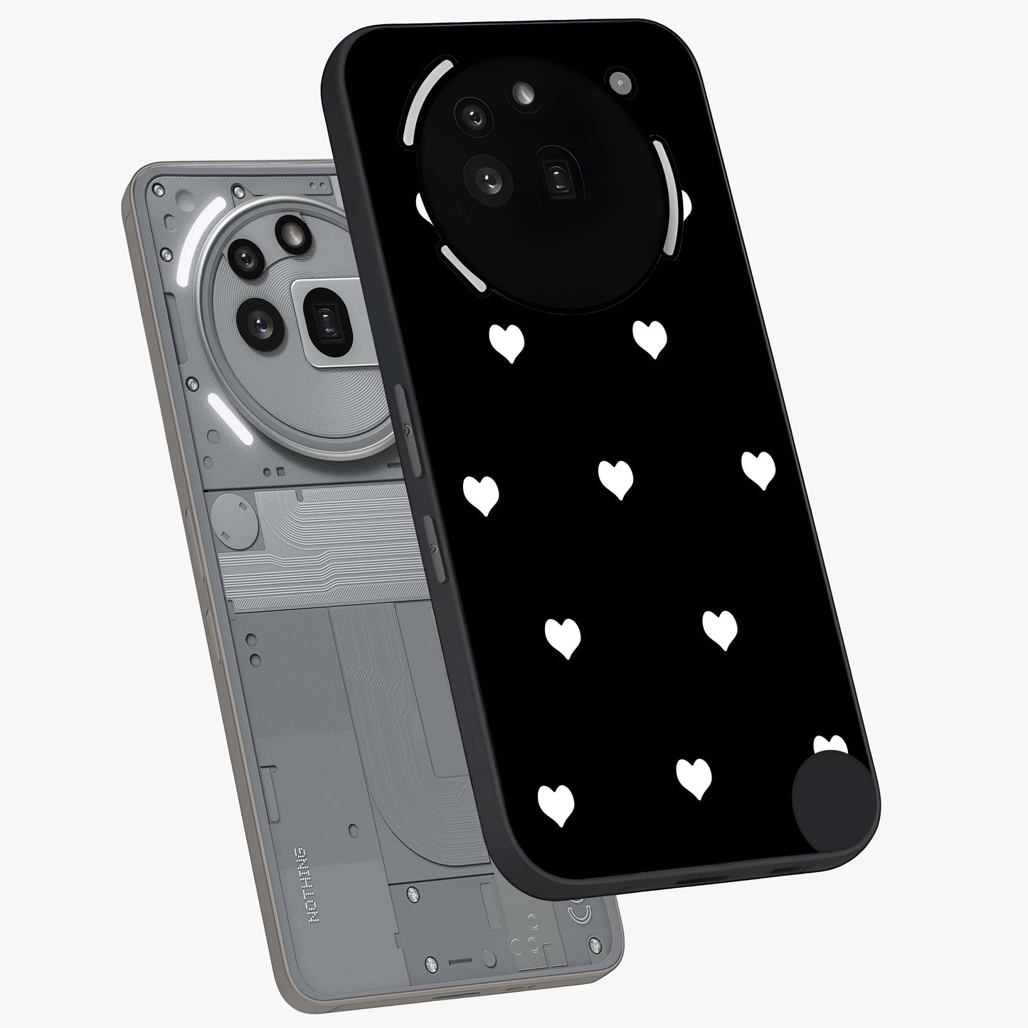 Cute And Simple White Hearts Glass Case displayed in angled mockup highlighting cute heart design with clean aesthetic style.