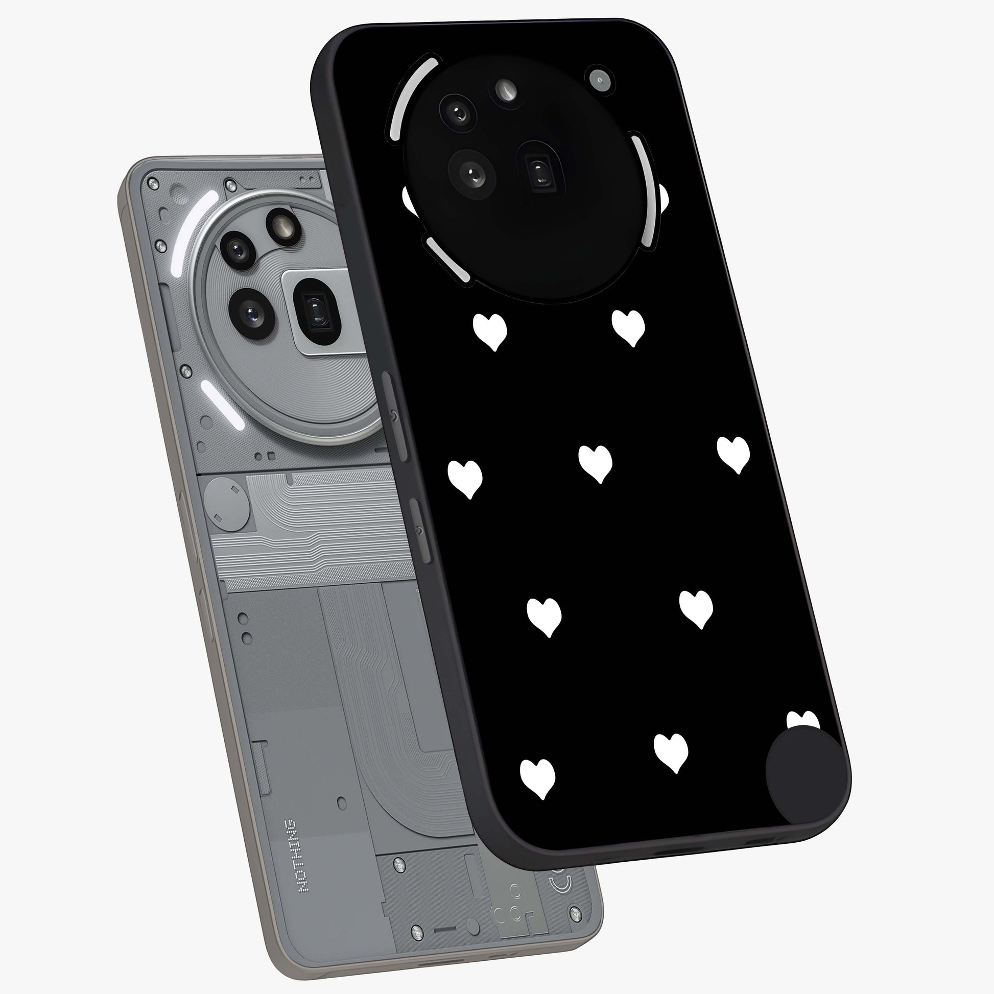 Cute And Simple White Hearts Glass Case displayed in angled mockup highlighting cute heart design with clean aesthetic style.