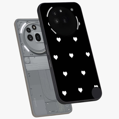 Cute And Simple White Hearts Glass Case displayed in angled mockup highlighting cute heart design with clean aesthetic style.