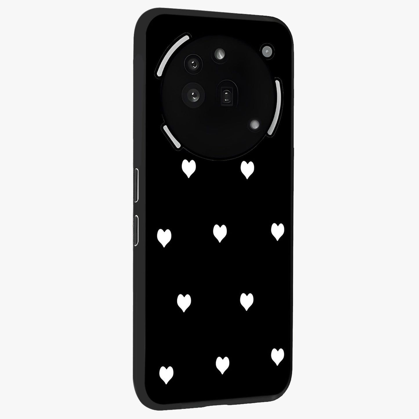 Cute And Simple White Hearts Glass Case upright view showcasing simple white hearts artwork with soft minimal theme.