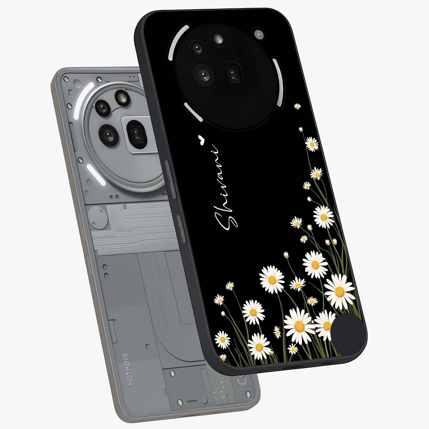 Daisy Cascade Custom Name Glass Case displayed in angled mockup highlighting delicate daisy artwork with custom name feature.