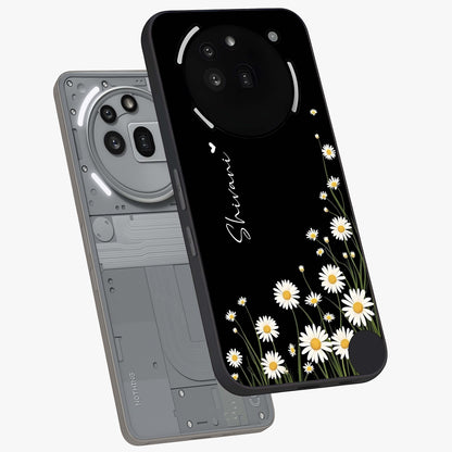 Daisy Cascade Custom Name Glass Case displayed in angled mockup highlighting delicate daisy artwork with custom name feature.