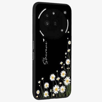 Daisy Cascade Custom Name Glass Case upright view showcasing elegant floral cascade design with personalized aesthetic.