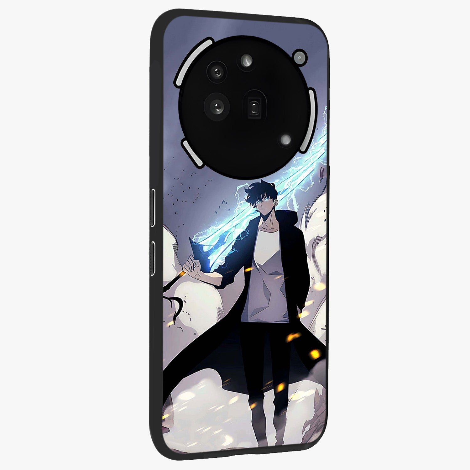 Dark Lightning Anime Warrior Glass Case upright view showcasing dramatic warrior artwork with dark lightning aesthetic.