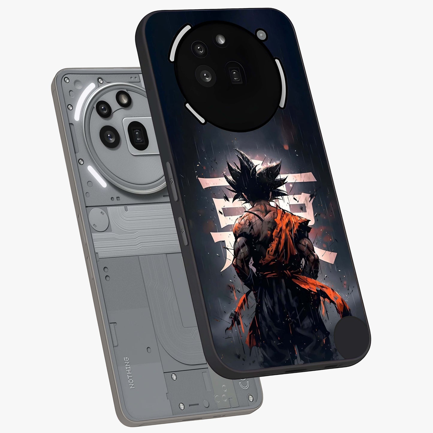 Dark Warrior In Rain Glass Case displayed in angled mockup highlighting dramatic warrior illustration with dark rain aesthetic.