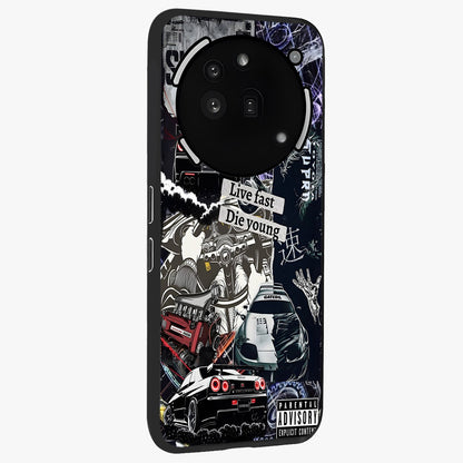 Die Young Glass Case upright view showcasing striking typography artwork with modern statement theme.