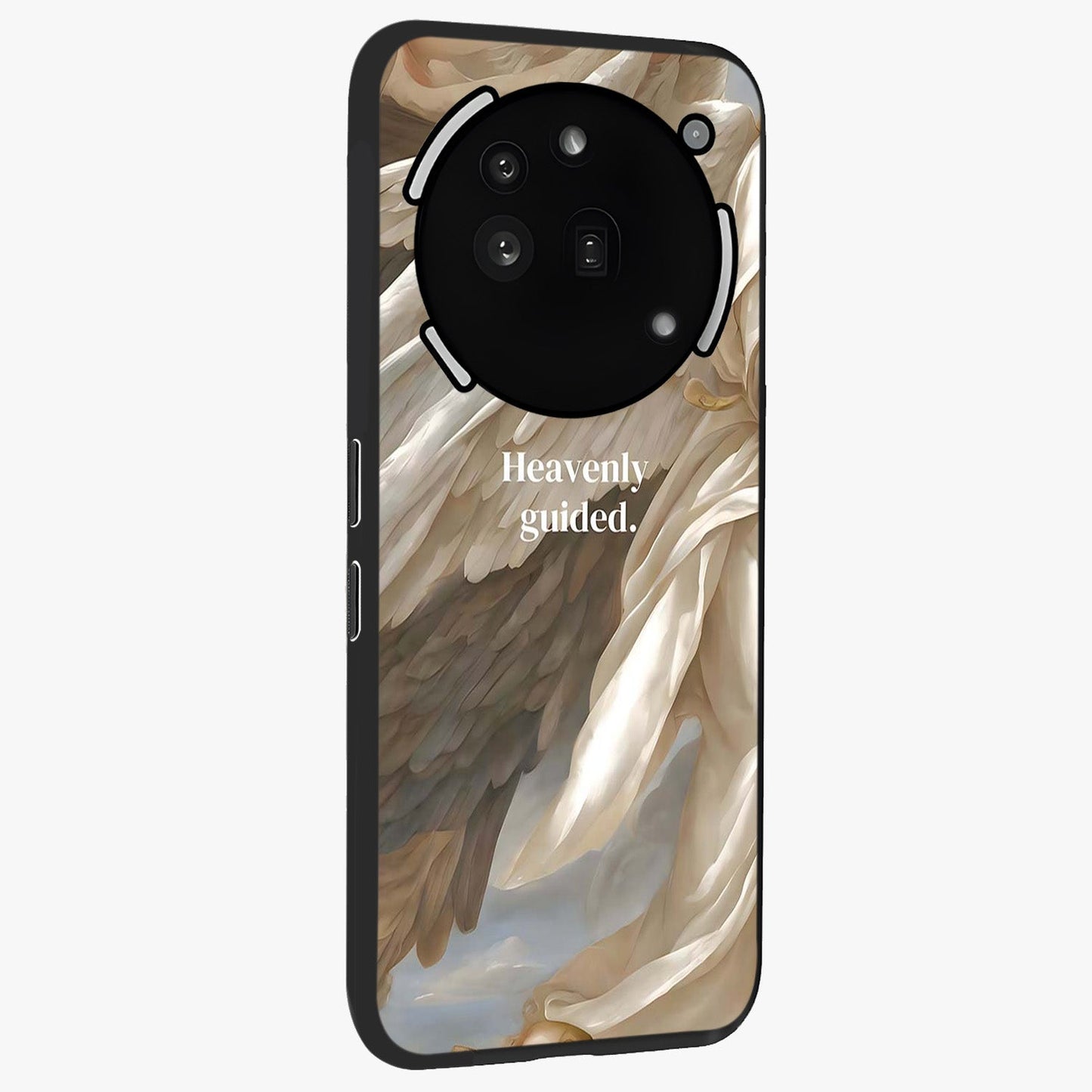 Divine Winged Grace Glass Case upright view showcasing spiritual wing artwork with soft celestial theme.