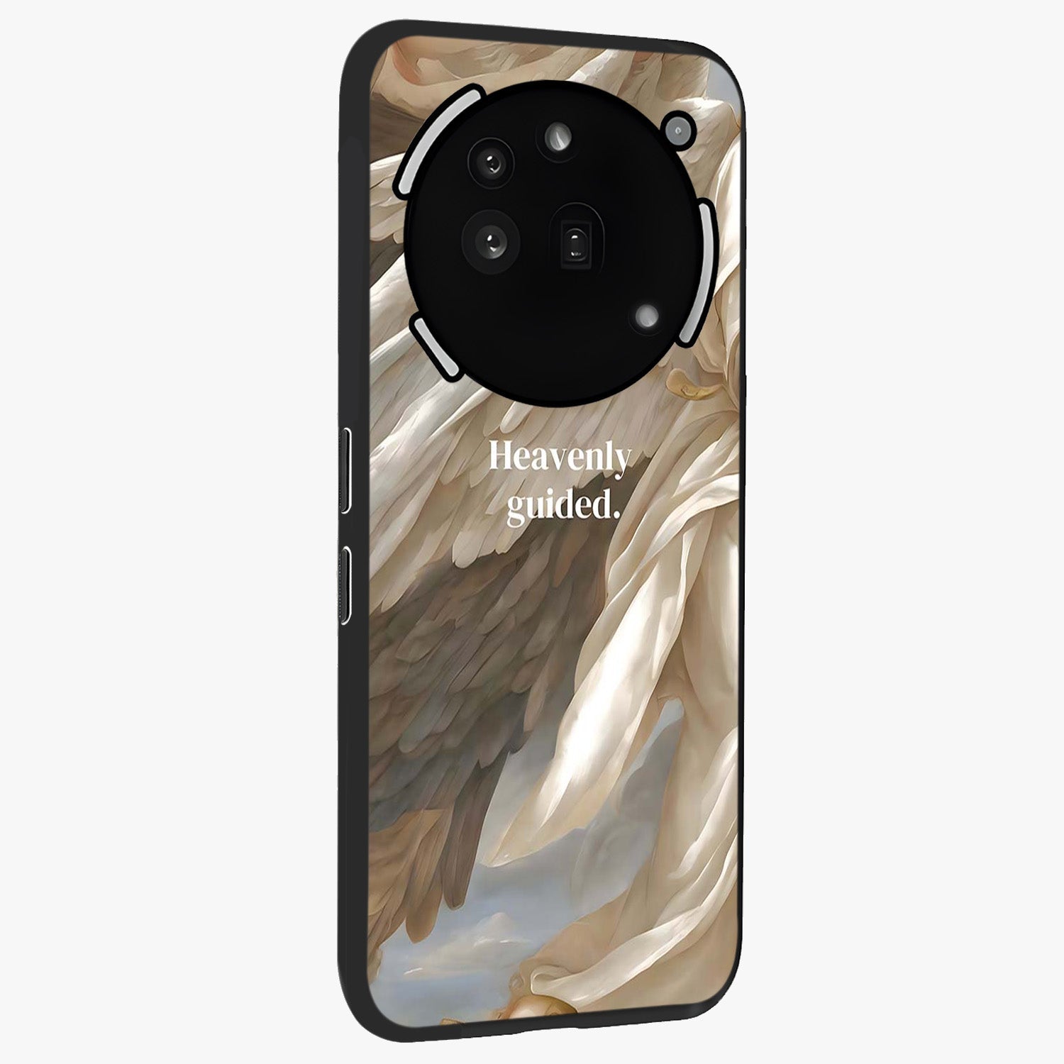 Divine Winged Grace Glass Case upright view showcasing spiritual wing artwork with soft celestial theme.