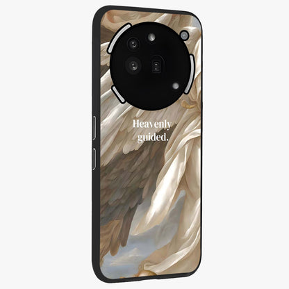 Divine Winged Grace Glass Case upright view showcasing spiritual wing artwork with soft celestial theme.