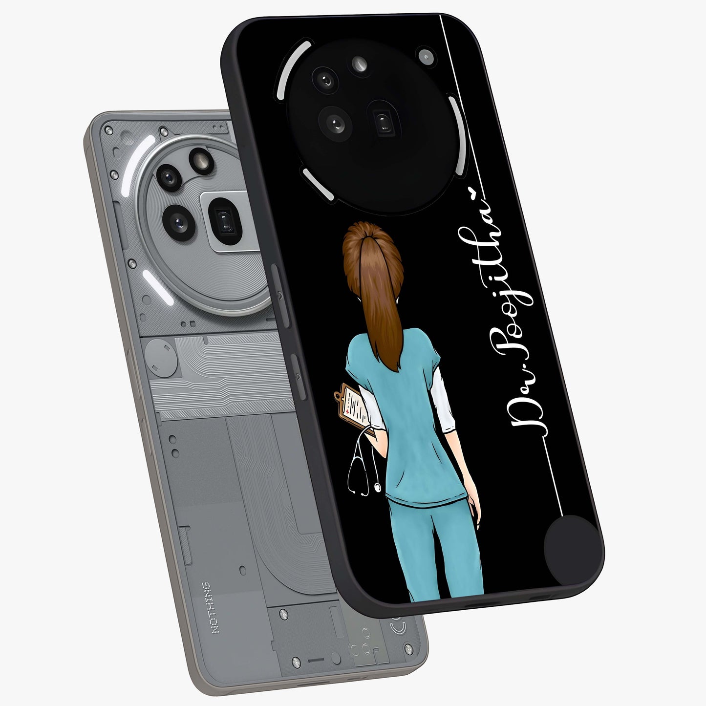 Doctor Pattern Custom Name Glass Case displayed in angled mockup highlighting doctor inspired artwork with custom name feature.