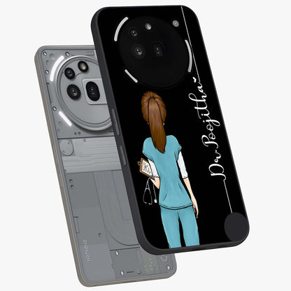 Doctor Pattern Custom Name Glass Case displayed in angled mockup highlighting doctor inspired artwork with custom name feature.
