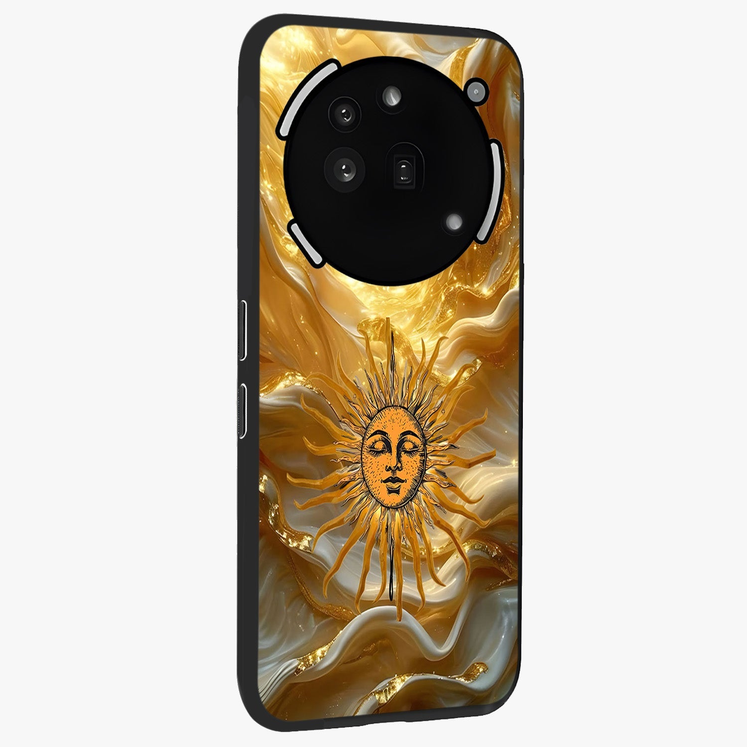 Eternal Golden Glow Glass Case upright view showcasing luminous golden artwork with luxurious visual theme.