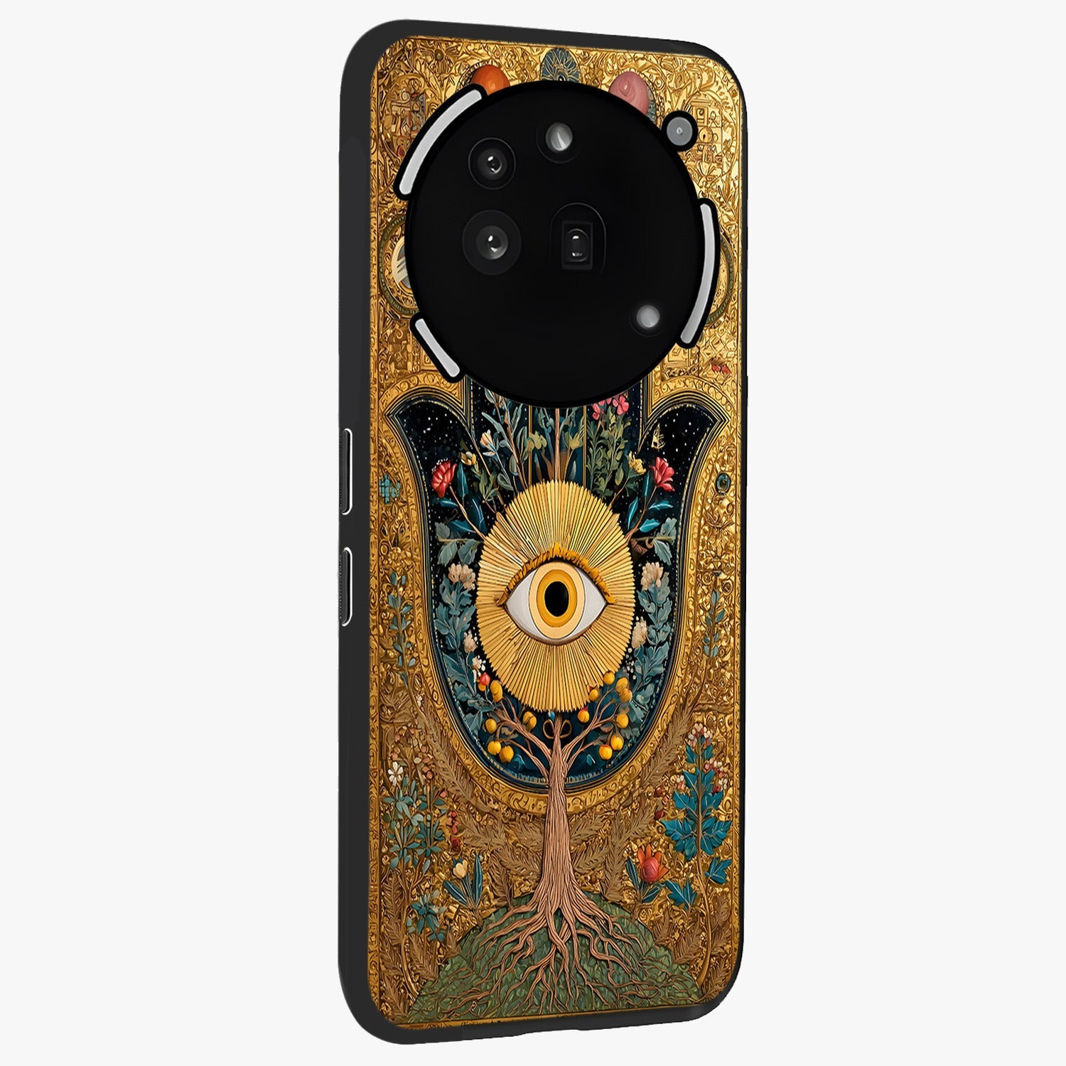 Ethereal Evil Eye Glass Case upright view showcasing celestial evil eye artwork with mystical theme.