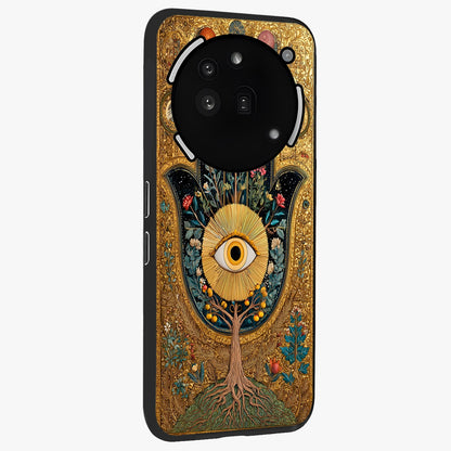 Ethereal Evil Eye Glass Case upright view showcasing celestial evil eye artwork with mystical theme.