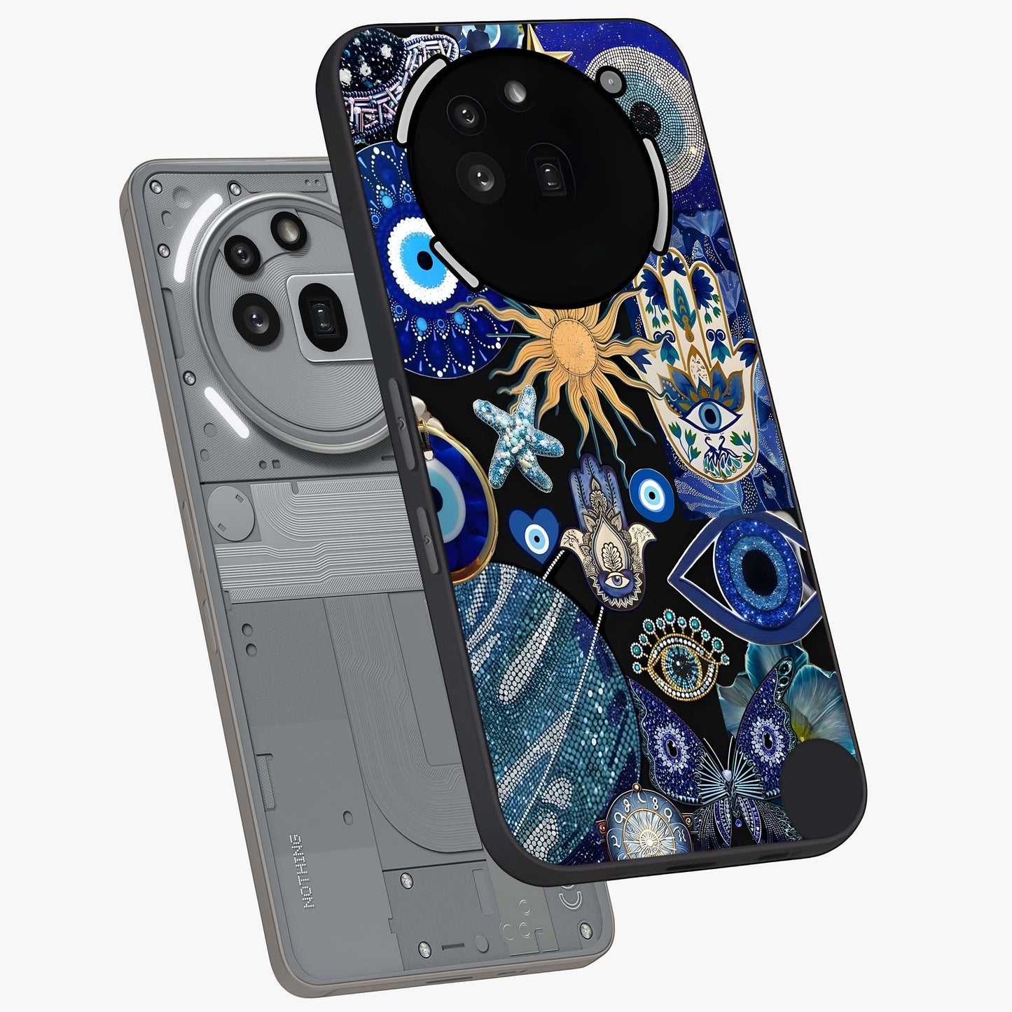 Evil Eye Charm Mix Glass Case displayed in angled mockup highlighting protective evil eye symbols with spiritual aesthetic design.