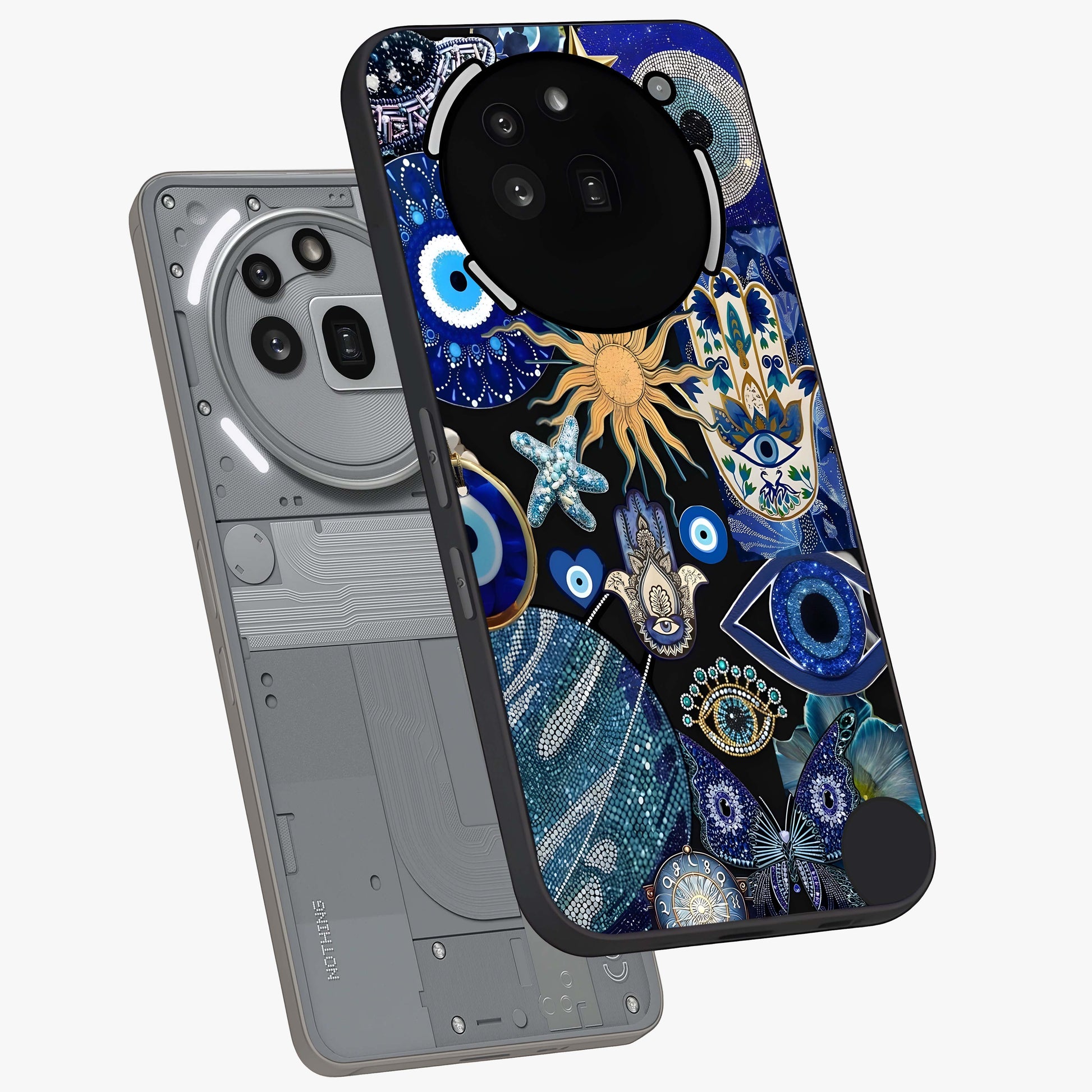 Evil Eye Charm Mix Glass Case displayed in angled mockup highlighting protective evil eye symbols with spiritual aesthetic design.