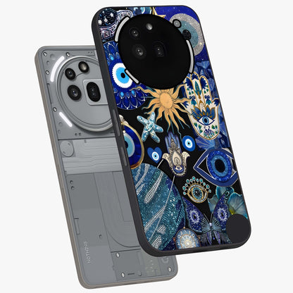 Evil Eye Charm Mix Glass Case displayed in angled mockup highlighting protective evil eye symbols with spiritual aesthetic design.