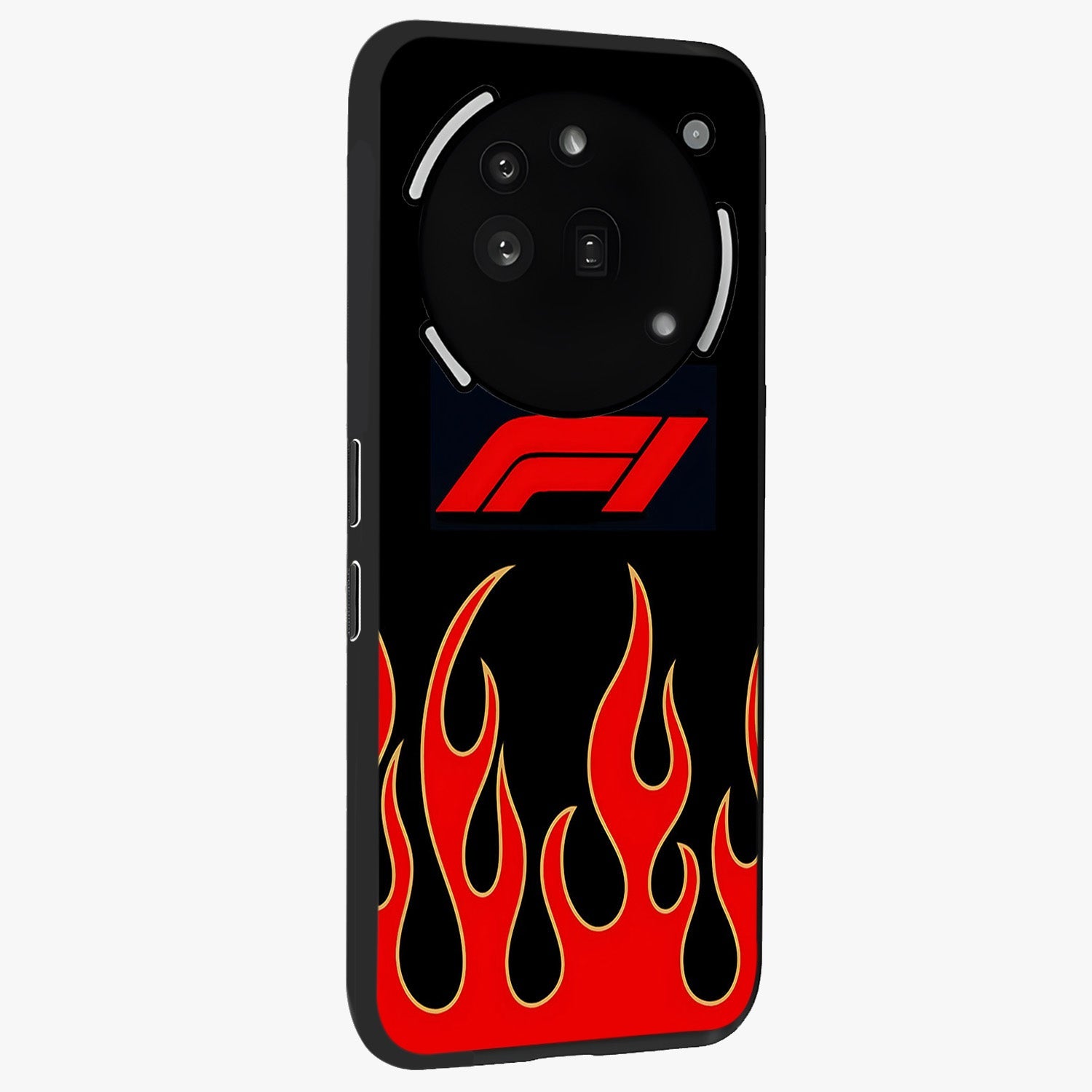 Fire F11 Glass Case upright view showcasing dynamic flame artwork with intense visual theme.