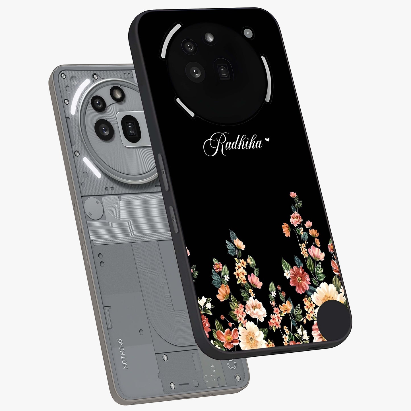 Floral Design With a Custom Personalized Name Glass Case displayed in angled mockup highlighting elegant floral pattern with custom name feature.